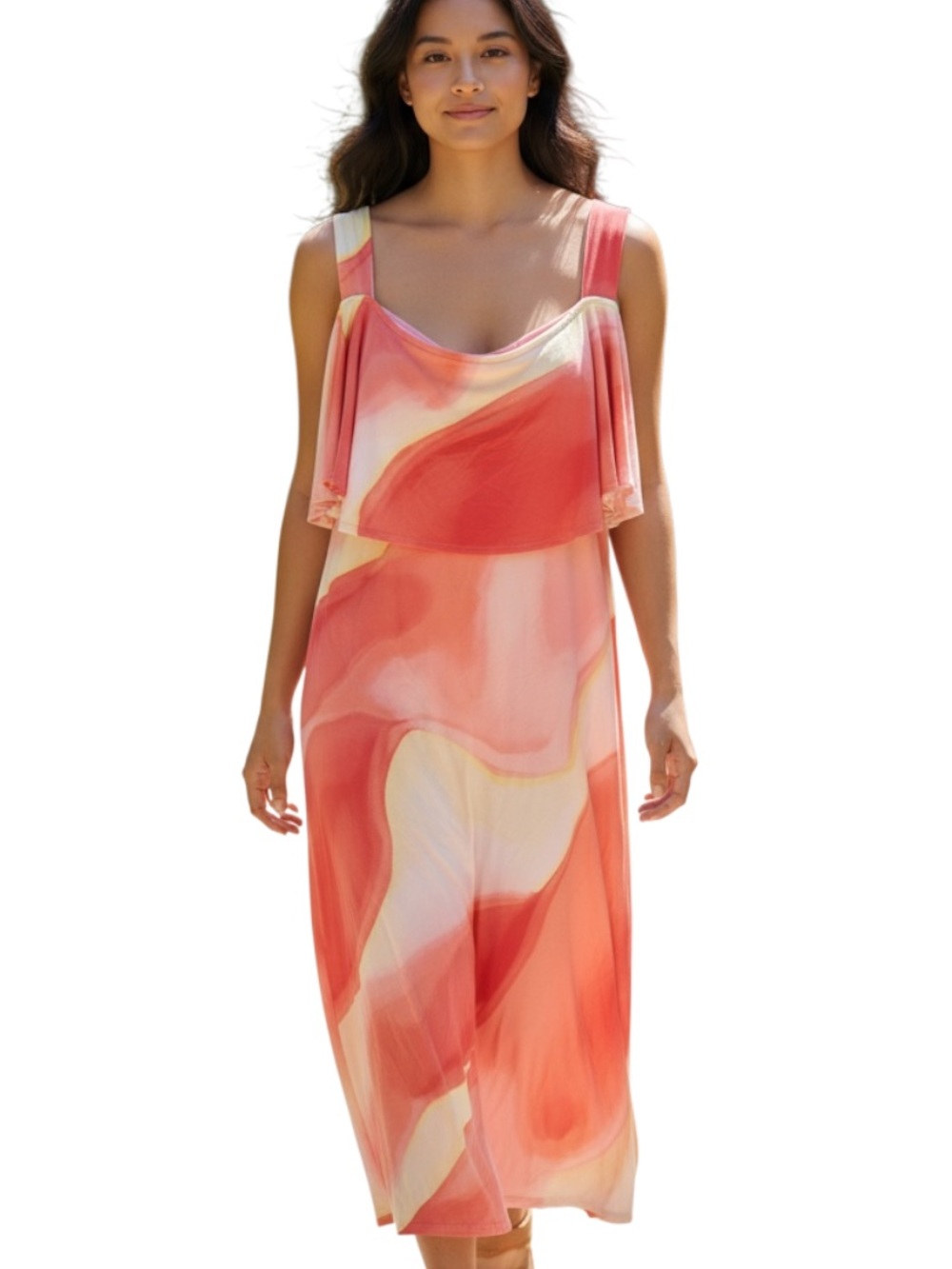JM Collection Coral and Cream Swirl Maxi Dress
